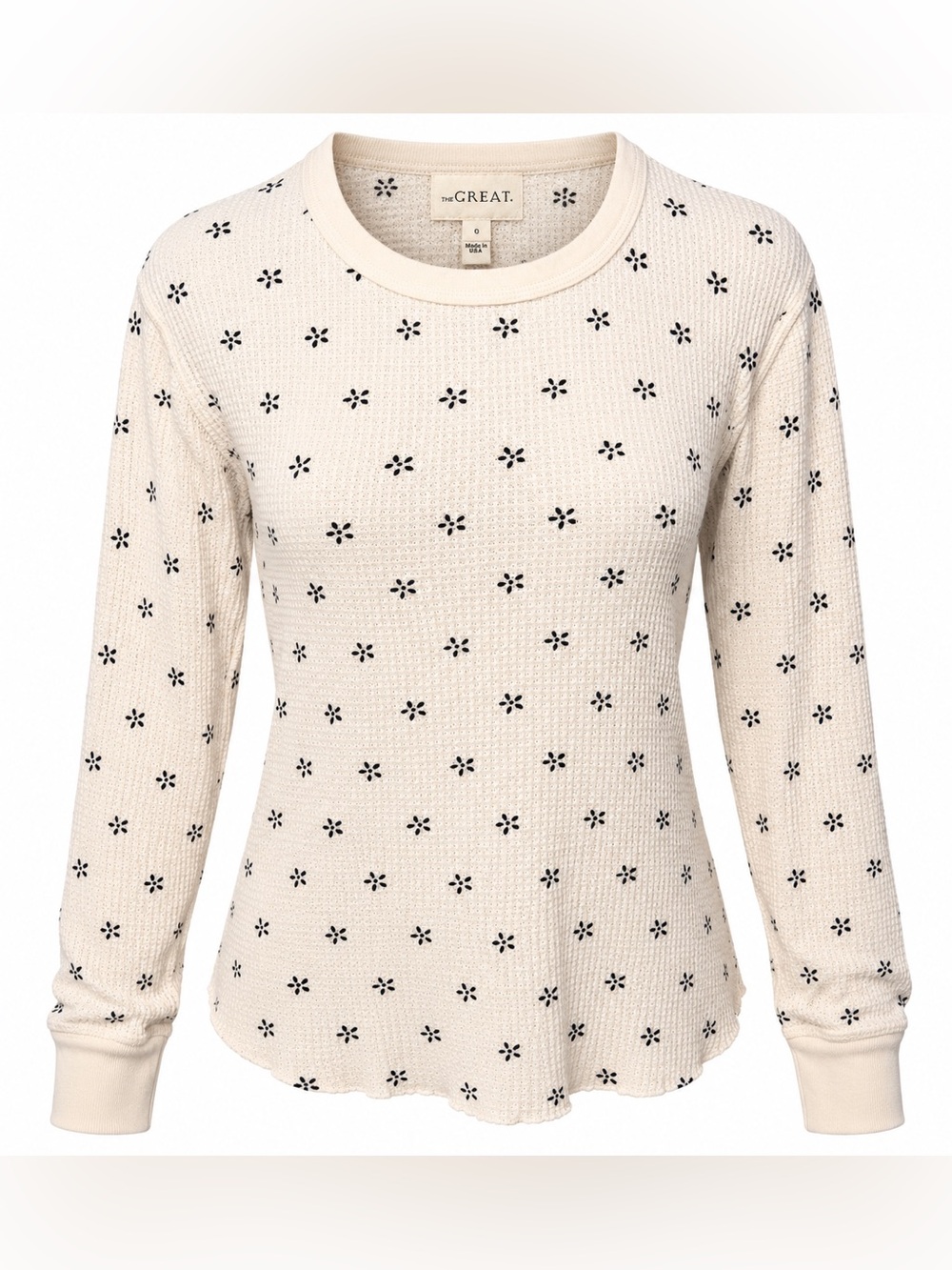 THE GREAT Size 0 XS Floral Waffle Knit Thermal Long Sleeve Cream Henley Tee Top